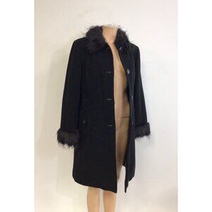 Giacca Wool Coat Faux Fur Trim Jacket Womens Large